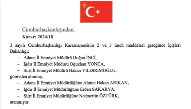 3 İLİN EMNİYET MÜDÜRÜ DEĞİŞTİ